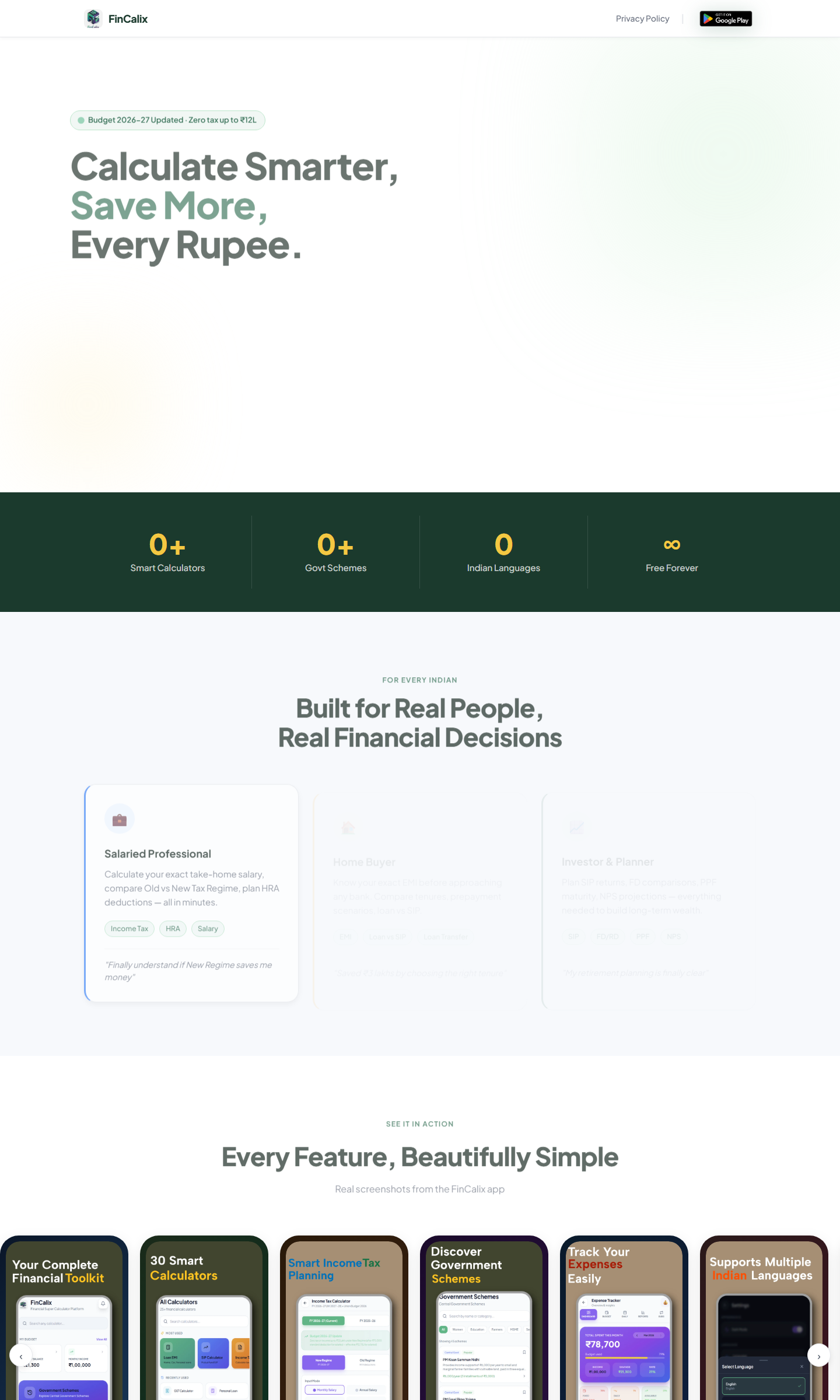 FinCalix homepage — Built for Real People, Real Financial Decisions