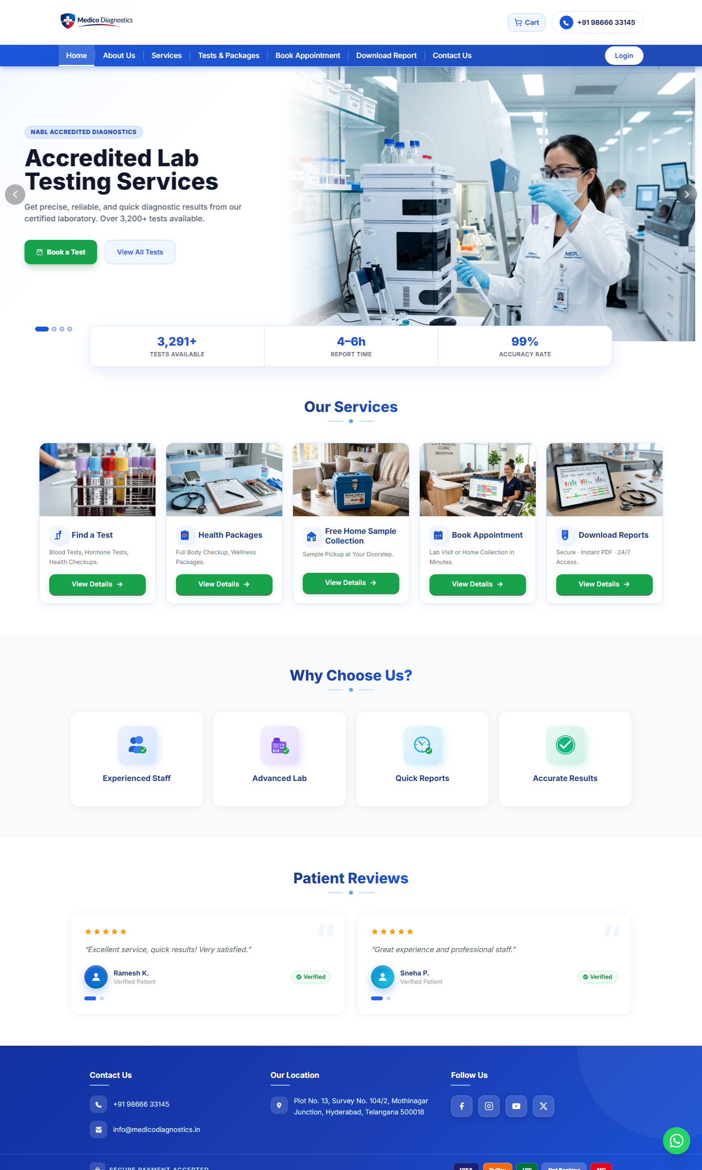 Medico Diagnostics homepage - tests, packages and booking online